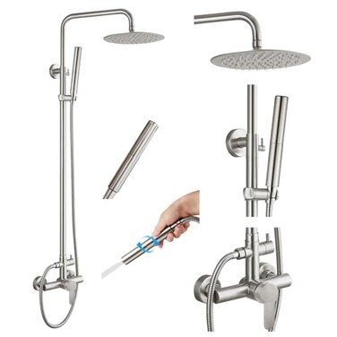 gotonovo Outdoor Shower Faucet Sets Brushed Nickel 304 Stainless Steel Shower Head with 2 in 1 Cylinder Handheld Spray 2 Function Exposed Shower Combo Set Wall Mount Single Handle