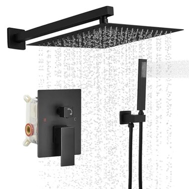 BWE Black Shower Faucet Set 12 Inch Square Rain Shower Head and Handle Set Bathroom Shower System Sets Complete Combo 2Functions Pressure Balancing Wall Mount Rainfall Shower Mixer Valve