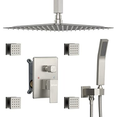 Dasan Brushed Nickel Shower System with 4 PCS Shower Body Spray Jets 12 Ceiling Shower Head Handheld Spray DASAN Full Body Shower Faucet System with Jets Rainfall Shower Combo Set SASS03BBNS12C