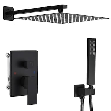 JingGang Matte Black Shower System 10 Inch Bathroom Luxury Rain Mixer Shower Combo Set Wall Mounted Rainfall Shower Head and Handheld System Shower Faucet Roughin Valve Body and Trim Kit