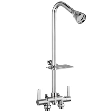 Aolemi Outdoor Shower FixturesOutdoor Shower Kit Faucet System 3 Inch Center with Showerhead 2 Handle Exposed Shower with Brass Mix Valve Pipe Downward with Soap Dish Polish Chrome