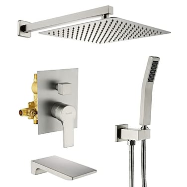 SHAMANDA Shower System with Waterfall Tub Spout and Handheld Shower Head 12 Rain Shower Faucet Sets Complete with Shower Roundin Valve and Trim Wall Mount Brushed Nickel L1012