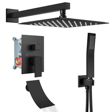 Airuida Bathtub Rain Shower System Set 3Function Mixer Shower Faucet with Waterfall Tub Spout10Inch WallMount Rainfall ShowerheadHandheld Combo SetRoughIn Valve IncludedMatte Black