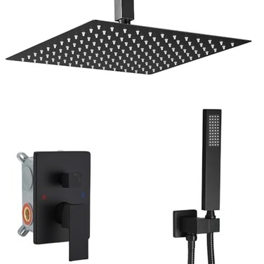 Heable Matte Black Shower System Bathroom 12 Inch Rain Shower Head Ceiling Mount with Handheld Luxury High Pressure Shower Combo Set Shower Faucet Roughin Valve Body and Trim Kit