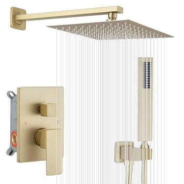 JingGang Brushed Gold Shower System 10 Inch Bathroom Luxury Rain Mixer Shower Combo Set Wall Mounted Rainfall Shower Head and Handheld System Shower Faucet Roughin Valve Body and Trim Kit