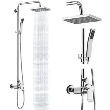 Heyalan Polish Chrome Exposed Shower System 2 Functional Bathroom Shower Set 8 Inch Square Rainfall Shower Head with Hand Sprayer Wall Mounted