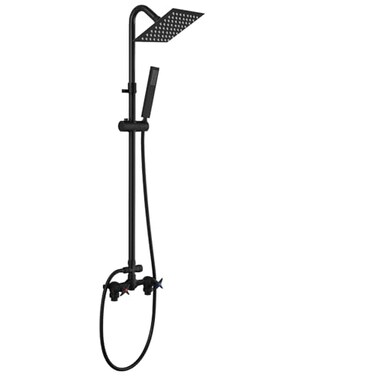 Cinwiny Wall Mounted Outdoor Shower System Matte Black 6 Square Rainfall Shower head with Hand Held Spray Double Cross Handles with Adjustable Slide Bar Two Function Exposed Shower Kit
