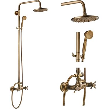 gotonovo Exposed Bathroom Shower Faucet Set Shower Fixture 8 Inch Rainfall Shower Head Handheld Shower Cross Handle Wall Mount 2 Functions Antique Brass