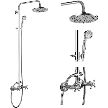 gotonovo Exposed Bathroom Shower Faucet Set Shower Fixture 8 Inch Rainfall Shower Head Handheld Shower Cross Handle Wall Mount 2 Functions Polished Chrome