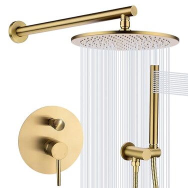 TRUSTMI 12 Inch Brushed Gold Rain Shower System Solid Brass Wall Mounted Shower Faucet Set with Handheld Spray cUPC AntiScald Pressure Balance Roughin Valve Trim Included