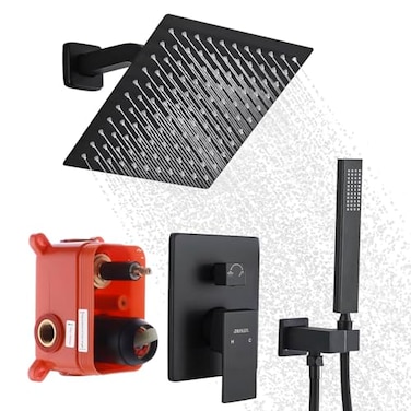 DEOLER Shower System with Handheld Shower Rainfall Shower Faucet Set with 10 Inch Shower Head and Handheld Wall Mounted Bathroom Shower System Faucet Set Roughin Valve and Trim Kit Matte Black