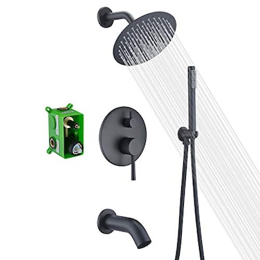 sumerain Matte Black Rain Shower Systems with Waterfall Tub Spout Shower Faucets Sets Complete with 8 Inches Rain Shower Head and Handheld