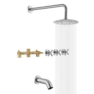 sumerain Tub and Shower Faucet Set 3 Handle with Valve Brushed Nickel High Flow Waterfall Tub Spout and Rain Shower Head SUMERAIN