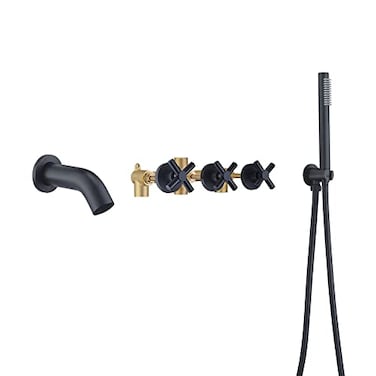 SUMERAIN Wall Mount Bathtub Faucet with Hand Shower3 Handle Tub Shower Faucet Matte Black High Flow Waterfall Tub Filler