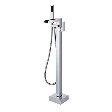 Wowkk Freestanding Tub Filler Waterfall Bathtub Faucet Chrome Floor Mount Brass Single Handle Bathroom Faucets with Hand Shower