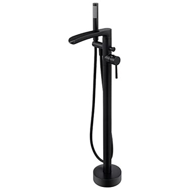Wowkk Waterfall Freestanding Bathtub Faucet Black Floor Mount Tub Filler Brass Single Handle Bathroom Faucets with Hand Shower