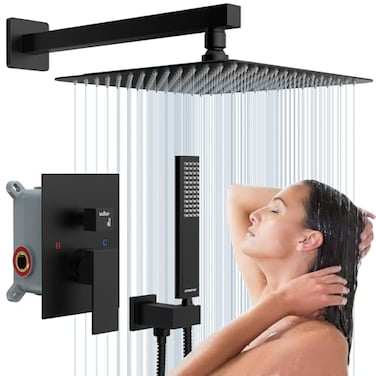 EMBATHER Black Shower System 12 Inches Shower Faucet Set with Square Rain Shower Head and Handheld For Bathroom Matte Black Shower Combo Set Wall Mounted Roughin Valve Trim Included
