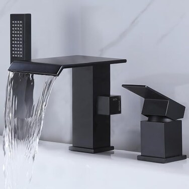 NIITAWH Waterfall Roman Tub Faucet with Hand Shower Matte Black Bathtub Faucet 3 Hole Widespread Tub Filler Deck Mount Solid Brass