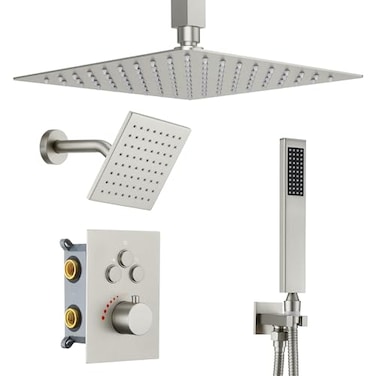 JetsBath Thermostatic Dual Shower Heads System with Ceiling 12Inch Rainfall Shower Wall Mount 6Inch High Pressure Shower Head Brushed Nickel Bathroom Shower Faucet Set with Handheld Sprayer