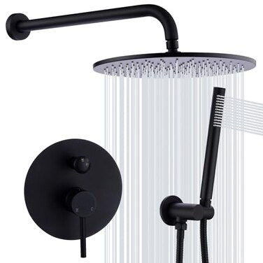 TRUSTMI Matte Black Shower System Wall Mounted Pressure Balance 10Inch Rainfall Shower Set with Brass RoughIn Diverter Valve and Trim Kit