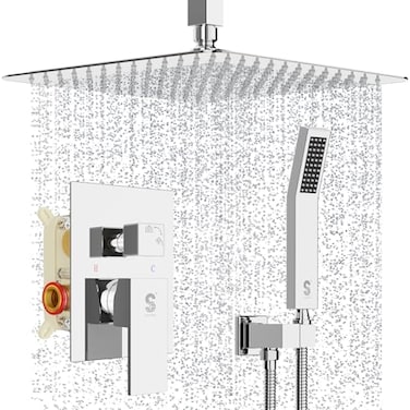 SR SUN RISE 12 Inch Ceiling Mounted Shower System Rain Mixer Combo Set Rainfall Shower Head System Faucet Trim Repair Kits Polished Chrome Roughin Valve Body and Trim Included