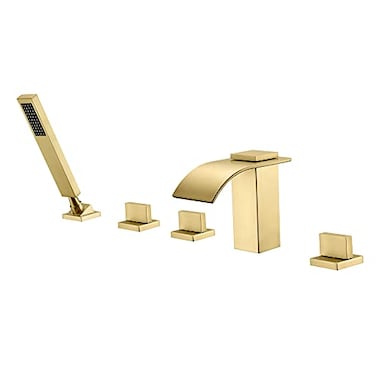 SUMERAIN Roman Tub Faucet Set 5 Holes Deck Mount Waterfall Bathtub Faucet with Handheld Shower Brushed Gold