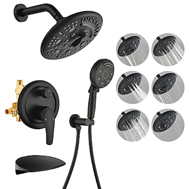 SHAMANDA Luxury Tub Shower Faucet Set with Roundin Valve Wall Mounted Shower System with Waterfall Tub Spout and 6Setting Rain Shower Head with 9Setting Handheld Matte Black L80837