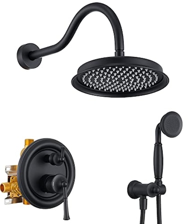 WINKEAR Rain Shower Head with Handheld Spray Rainfall Shower System with Roughin Valve Shower Faucet Set with Pressure Balance Valve 9 Inch Luxury Shower Trim Kit Wall Mount Matte Black