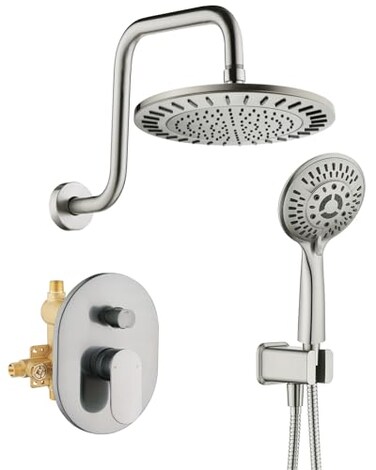 BRIGHT SHOWERS Shower Faucet Set Shower System with Shower Valve Trim Kit Double Handle Shower Fixture Rainfall Shower Head and 9Setting Handheld Spray Combo Valve Included Brushed Nickel