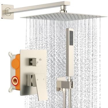 SunCleanse Shower System Rainfall Shower Faucets Set Brushed Nickel 10 Inch Wall Mounted Rain Shower Head with Handheld Spray Shower Valve and Trim Included
