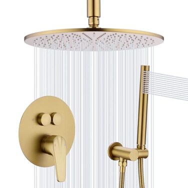 TRUSTMI 12 Inch Ceiling Mount Rain Shower System Complete 3in1 Set with Handheld Spray and PushButton Diverter cUPC Pressure Balanced Valve All Solid Brass Brushed Gold