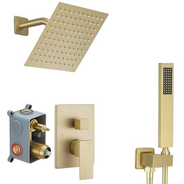 Heable Brushed Gold Shower System with High Pressure 8 Rainfall Shower Head Handheld Shower head Bathroom Luxury Rain Mixer Shower Combo Set Wall Mounted Shower Faucet Roughin Valve and Trim Kit