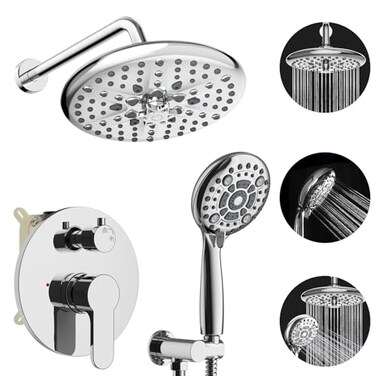 EMBATHER Shower Faucet Sets Overhead Rain Head Shower System with High Pressure Handheld Complete Combo and Mixer Valve Trim Kit Polished Chrome Rainfall Shower Fixture for Luxury Bathroom