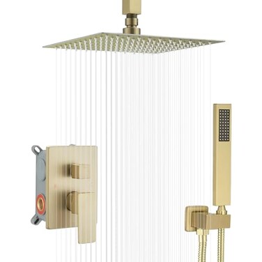JingGang 10 Inch Ceiling Mounted Shower System Rain Mixer Shower Combo Set Rainfall Shower Head System Brushed Gold Shower Faucet Roughin Valve Body and Trim Kit Included