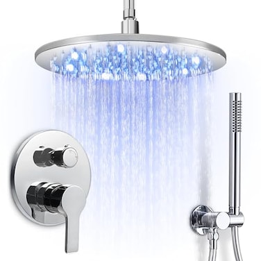 SKOWLL Shower Faucet Set Ceiling Mount 12 Inch LED Rain Shower Head with Handheld Single Handle Round Roughin Shower Valve Kit Brass 3 Color Changing Showerhead Polished Chrome