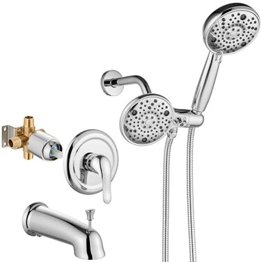 Aolemi Shower Faucet Set with Tub Spout Rain Shower Head System Shower Trim Kit Pressure Roughin Valve Included ABS 8 Setting Dual Shower Head and Handheld Spray Polish Chrome