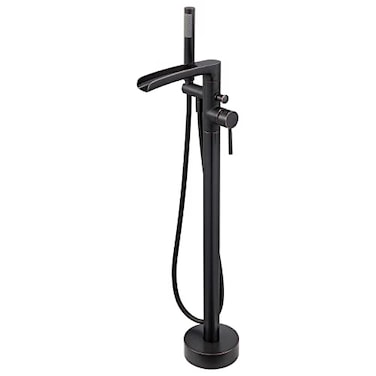 Wowkk Waterfall Freestanding Bathtub Faucet Oil Rubbed Bronze Floor Mount Tub Filler Brass Single Handle Bathroom Faucets with Hand Shower