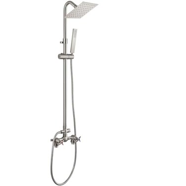 Cinwiny Wall Mounted Outdoor Shower Set Brushed Nickel 6 Inch Square Rainfall Shower Head with Hand Held Spray Double Cross Handles with Adjustable Slide Bar Exterior Dual Function Shower Kit