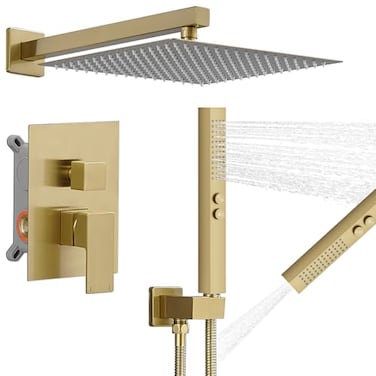 RUMOSE Brushed Gold Rainfall Shower System 12 Inch High Pressure Square Shower Head with 2 in 1 Handheld Spray Wall Mount Brass Bathroom Shower Faucet Set with cUPC Roughin Valve