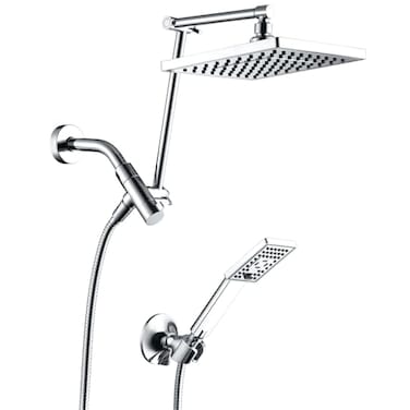 BRIGHT SHOWERS High Pressure Rain Shower Head Combo with Double Extension Arm 8 Inch Rainfall Shower Head with Handheld Spray Height Adjustable Dual Square Showerhead Set Chrome