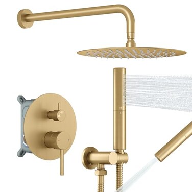 BESy Shower System with 10 Inch Round Rain Shower Head and Handheld Wall Mounted High Pressure Rainfall Shower Faucet Fixture Combo Set with 2 in 1 Handheld Showerhead for Bathroom Brushed Gold