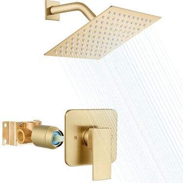 Heyalan Shower Faucet Set with Valve Bathroom Rainfall Shower System Wall Mount Single Handle Shower Trim Kit Rainfall Fixed Shower Head 8 Inch Square Shower HeadBrushed Gold