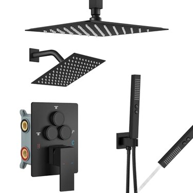 Aolemi Shower Faucet Set Ceiling Mount Shower System Roughin Valve and Shower Trim Kit 2 in 1 Handheld Spray Push Button Diverter 10 and 6 Inch Dual Shower Head Matte Black
