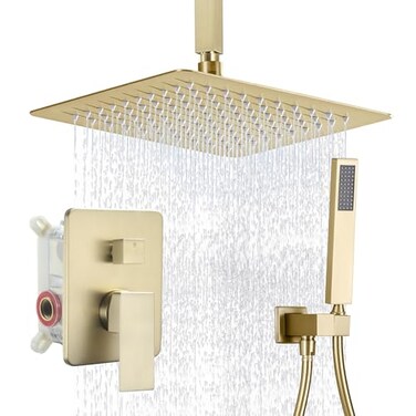 BANGPU Ceiling Mount Shower Faucet Set 10 Inch Rainfall Shower Head with High Flow Handheld Bathroom Shower System Set with Valve Ceiling Rain Shower Head System Brushed Gold