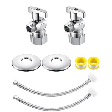 Dreyoo 2 Pack Complete Toilet Valve Set Includes 12 Nom Inlet x 38 OD Compression Outlet Angle Shut Off 78 BC x 38 COMP Toilet Water Supply Line Escutcheon Plate Sealing Tape 12 Inch