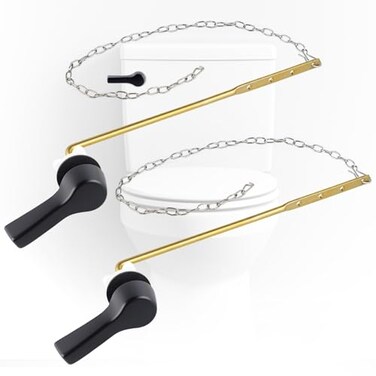 iFealClear 2 Pack Universal Metal Toilet Tank Flush Lever Replacement Front Mount Handle Toilet Tank Trip Lever with 2 Pieces Stainless Steel Flapper Chains Easy Install Solid Brass Matte Black