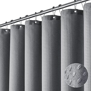 Dynamene Grey Fabric Shower Curtain for Bathroom Waffle Weave Textured Heavy Duty 256GSM Hotel Luxury Weighted Cloth Bath Curtain Set with 12 Plastic Hooks72x72 GreyGray