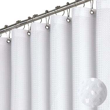 Dynamene Extra Wide Shower Curtain 84 Inch Wide Waffle Weave Weighted Thick Cloth Bathroom Shower Curtain Neutral Heavy Duty Hotel Bath Curtain Set with 14 Plastic Hooks 84x72 White