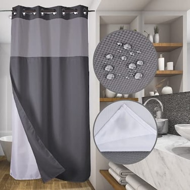 Ecoehoe 48 W x 74 L Hook Free Fabric Stall Shower Curtain with Polyester Snapin Liner with MagnetsHotel Quality Top See Through Grey