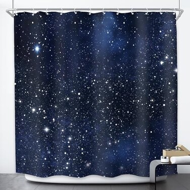 Riyidecor Night Sky Space Shower Curtain No Glitter Star Bathroom Decor 72Wx72H Inch Galaxy Starry Dark Blue Cosmic Fantasy Universe Nebula Outer Space Fabric Waterproof 12 Plastic Hooks